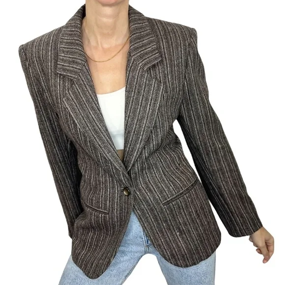 Vintage tailored preppy old money tweed stripe brown fitted jacket blazer - Picture 1 of 11